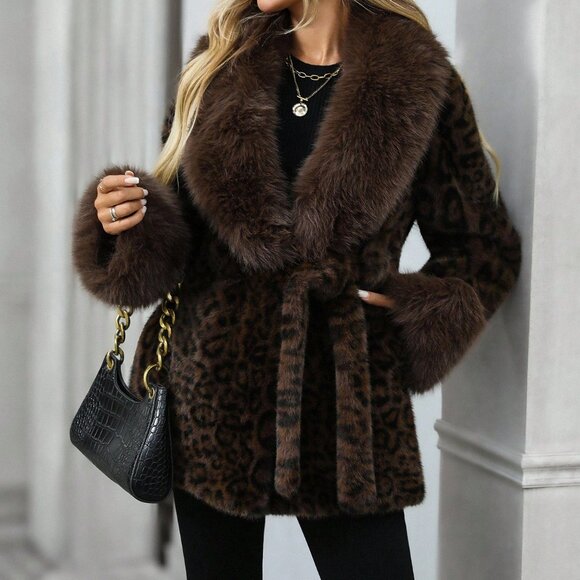 Coffee Brown Chic Women's Leopard Print Lapel Long Sleeve Faux Fur Jacket coat - Picture 8 of 9